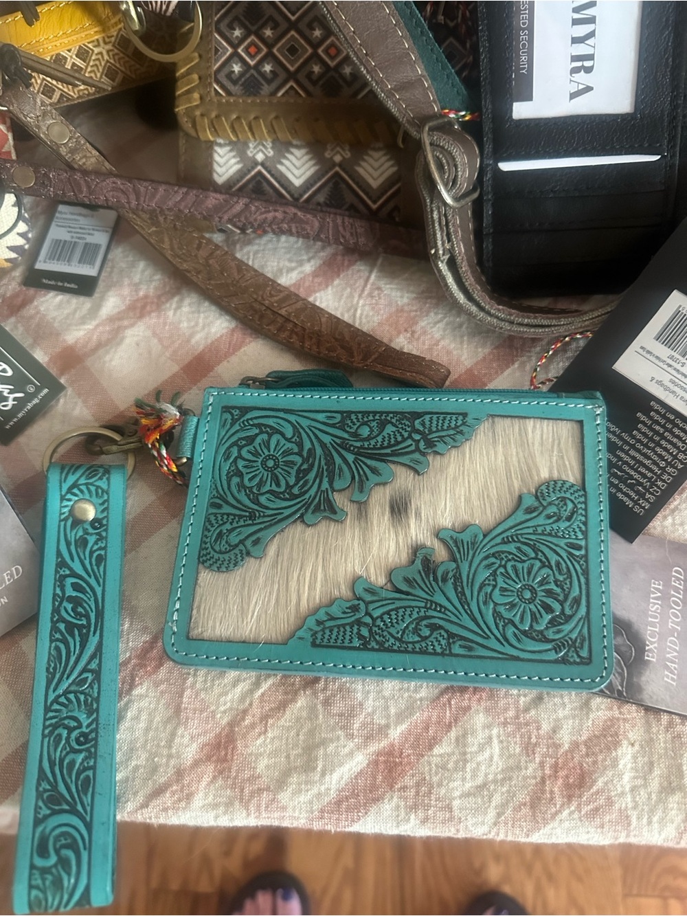 Myra Bag Turquoise Floral Tooled Card Holder with Hair-On-Hide Accent